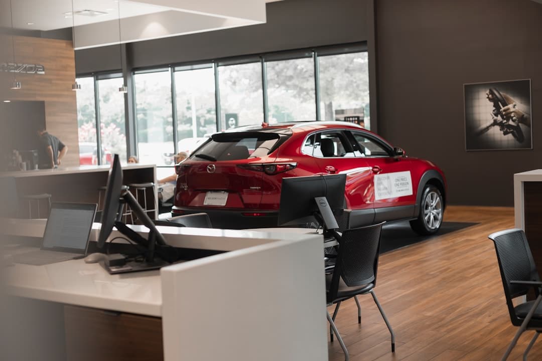 Cars in a modern dealership showroom