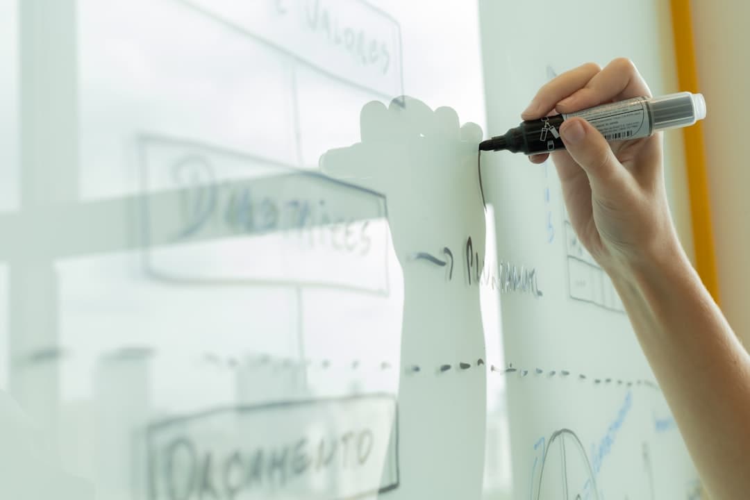 User flow design diagram on a whiteboard showing flowchart with steps and decisions