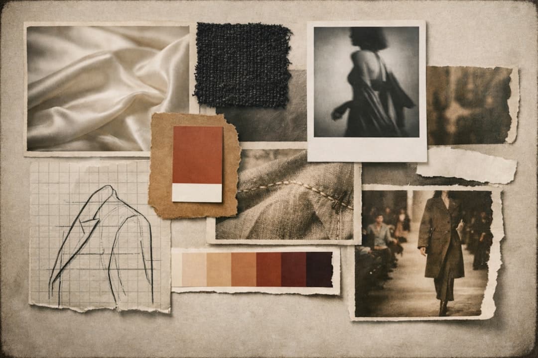 Designer moodboard with fabric swatches sketches and reference images